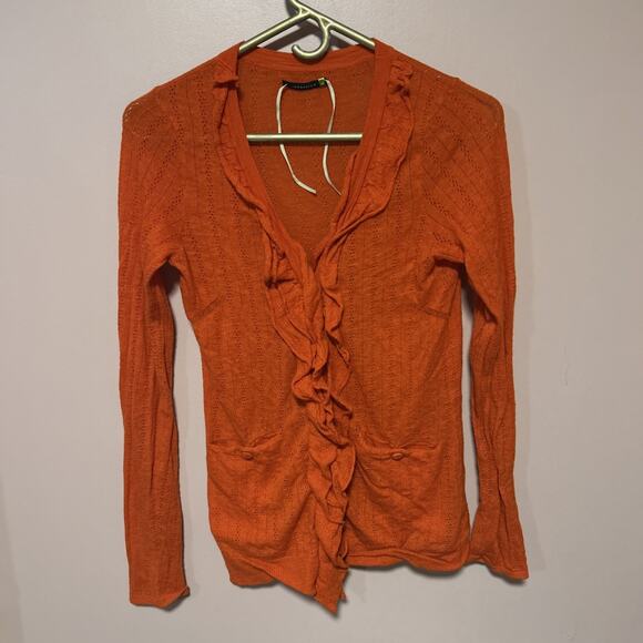 Leifsdottir Anthropologie Red Orange Cardigan Small Ruffled Cashmere Wool - Picture 1 of 9